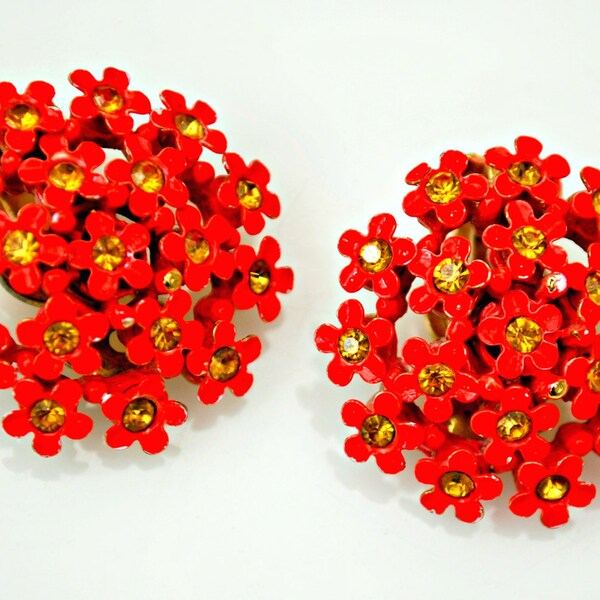 Vintage Orange Enamel Yellow Rhinestone Flower Earrings