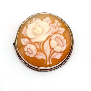 Sterling Silver Carved Shell Flower Brooch: Vintage Floral Cameo