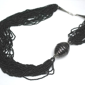 Black Torsade  Brass Necklace   Multi Strand  Black Glass Beads  large black  beads   Boho  tribal