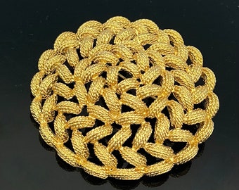 Large Monet Gold  Brooch Swirl knot Circle round Domed Yellow gold  Mid Century  signed jewelry Pin