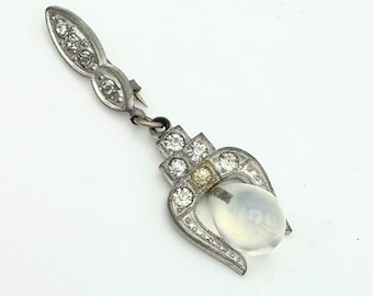 Art Deco Rhinestone Camphor Glass Brooch: Vintage Silver Dangle Pin