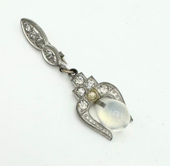 Art Deco rhinestone camphor glass brooch silver r… - image 1