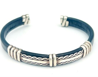 Black leather cuff bracelet sterling silver boho fashion Signed 925
