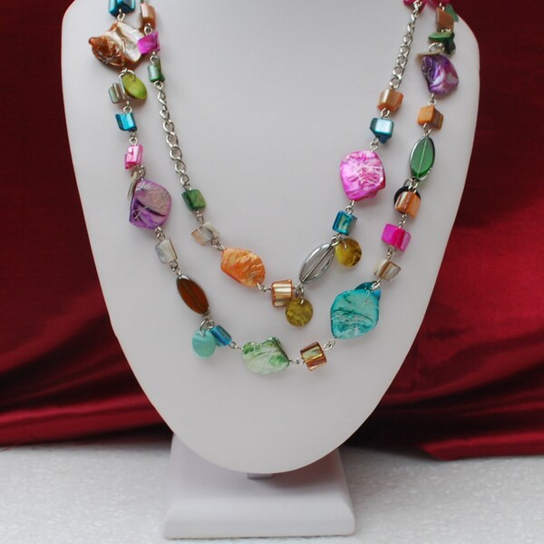 vintage colorful shells and bead necklace and matching  earrings