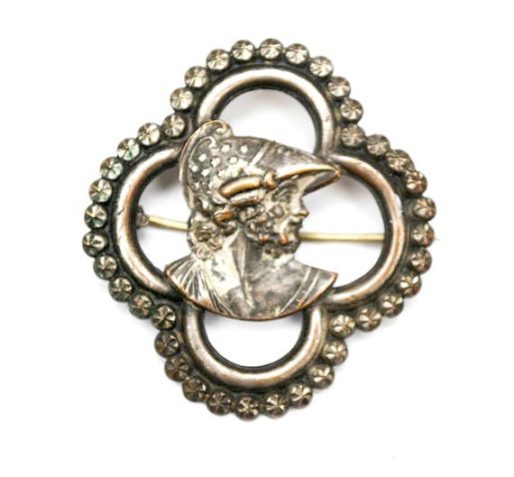 Victorian Sash Pin C Claps Stamped Silver Steel Metal Cameo Dark