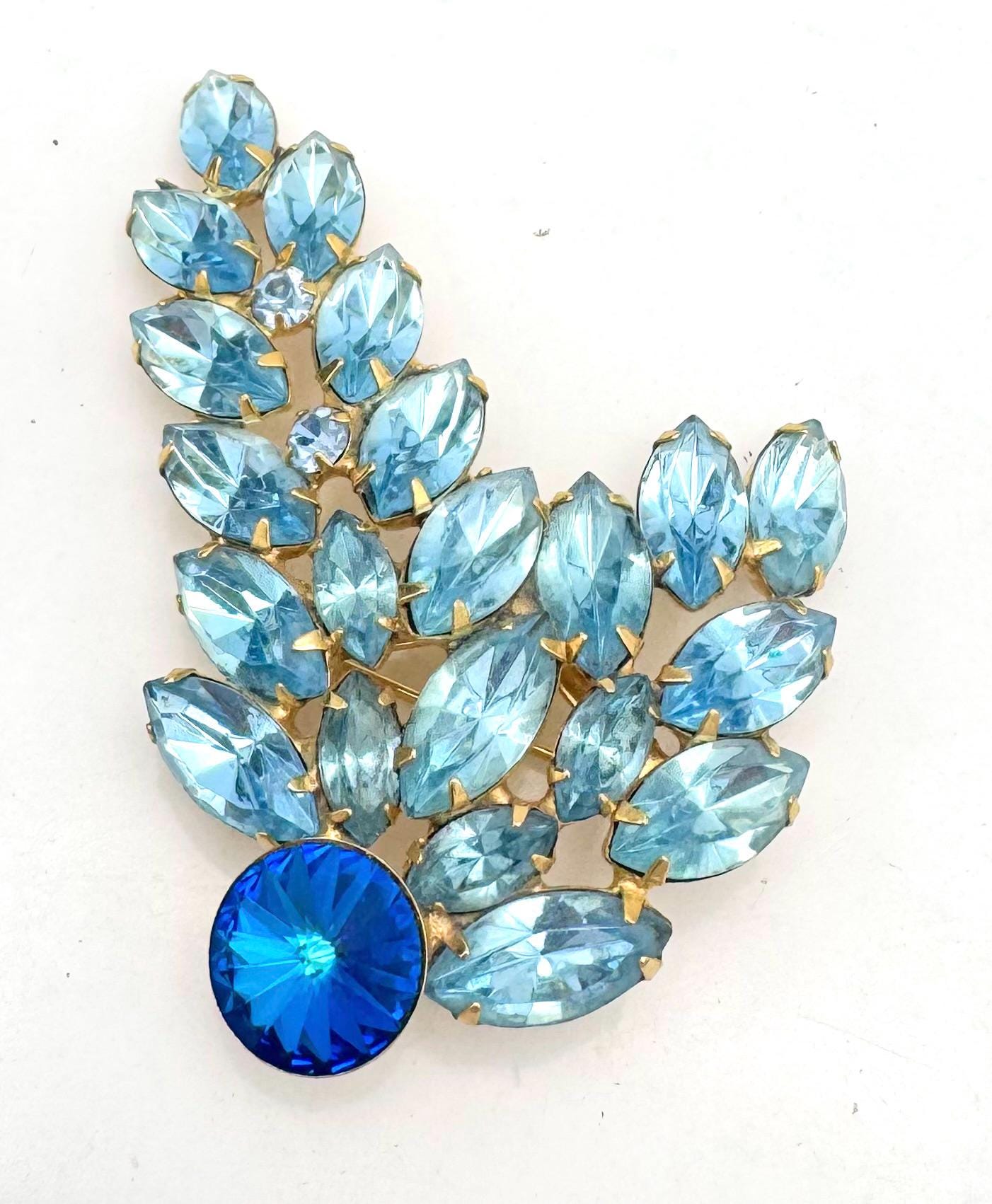 Vintage Blue Rhinestone Brooch, Margarita Rivoli Crystal, Gold