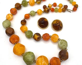 Kramer Necklace Earrings set Autumn color beads brown orange green