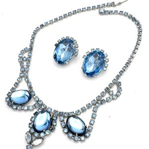 blue rhinestone and earring set    collar necklace  light blue  crystal mid century jewelry set