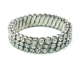 Clear Rhinestone Expandable  Bracelet made in Japan Three rows crystal  silver metal expansion bangle