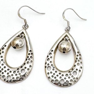 silver Dangle  earrings tear drop hoop with dangle ball