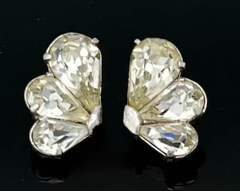 Eisenberg earrings Clear  Signed E Crystal Rhinestone silver metal wedding bride clip on earrings