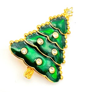 Christmas Tree Brooch signed LIA green enamel clear  rhinestones  Holiday Pin