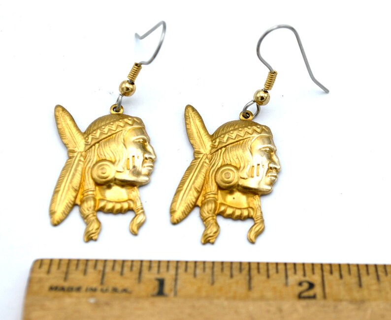 Brass Indian Head Earrings Native American Southwest Gold Etsy