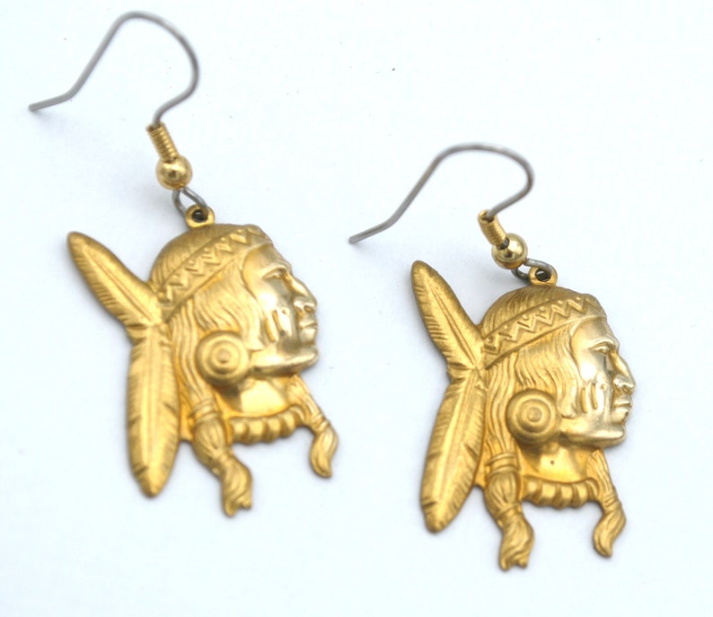 Brass Indian Head Earrings Native American Southwest Gold Etsy