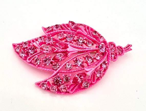 pink floral leaf Brooch   bright Pink  enameling … - image 6