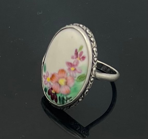 Sterling Silver flower  ring painted floral flowe… - image 1