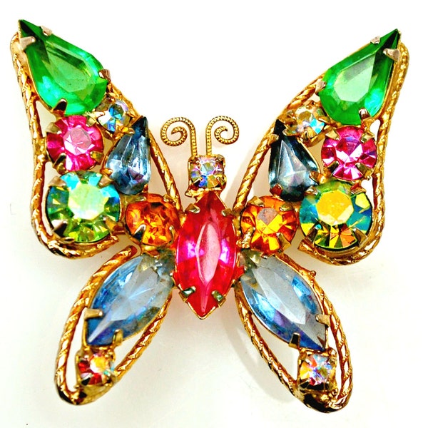 Butterfly Rhinestone  Brooch - colorful open back crystal  - Signed Kramer - Insect  pin - Mid Century