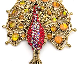 large Peacock Brooch red  and orange  rhinestone gold figurine bird pin 2 1/2 inch