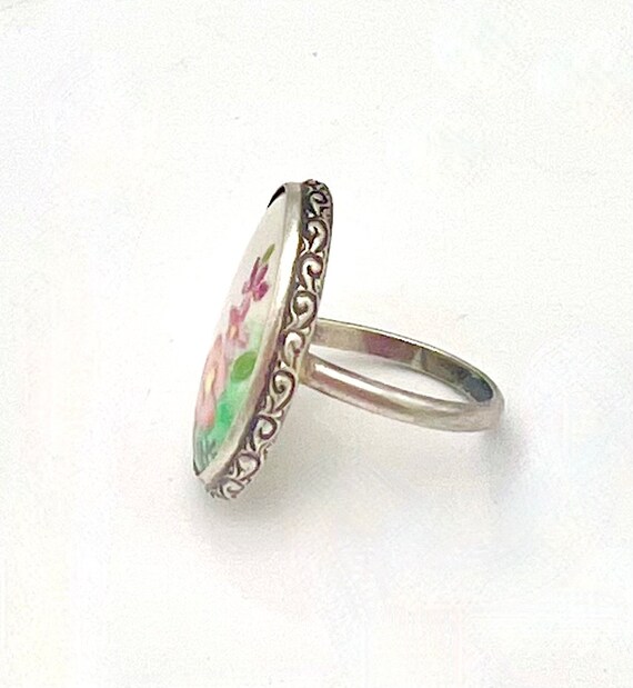 Sterling Silver flower  ring painted floral flowe… - image 6