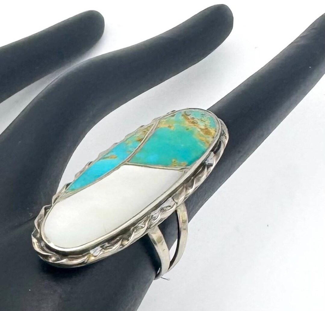 Turquoise Mother of Pearl Inlay Sterling Silver Ring - Southwestern ...