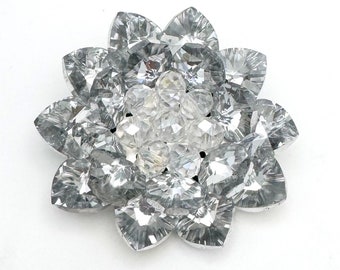 Rhinestone  Brooch   Clear Crystal  silver metal mid century  domed  Floral  Pin