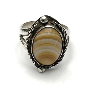 Banded Agate Ring Sterling silver setting  orange white striped gemstone size 9 1/2