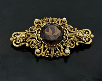 Florenza Topaz Glass Pendant Brooch simulated pearls Gold filigree   brownish crystal bar brooch