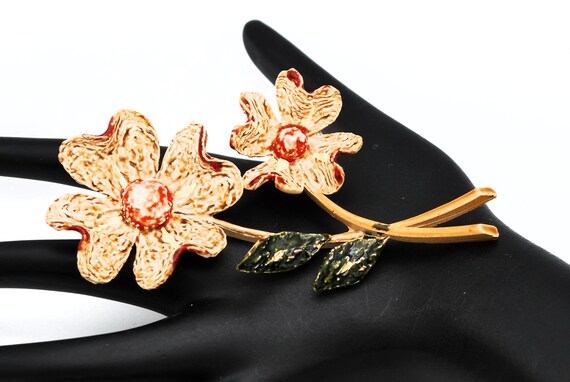 Enamel flower Brooch  signed Art off white orange… - image 5