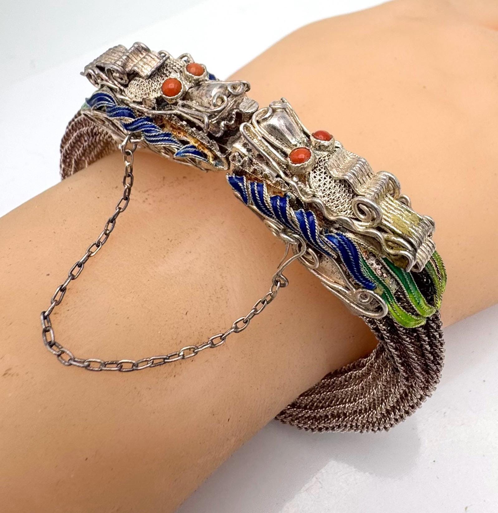 Bracelet Cloisonné Dragon Asiatique Vintage - Métal, Multicolore, Occasion