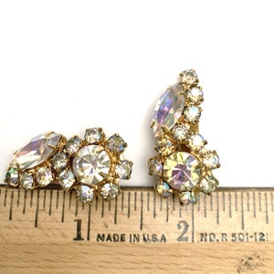 Rhinestone Climbing earrings gold plated metal Mid century Flower clear Aurora borealis crystal clip on earrings image 3