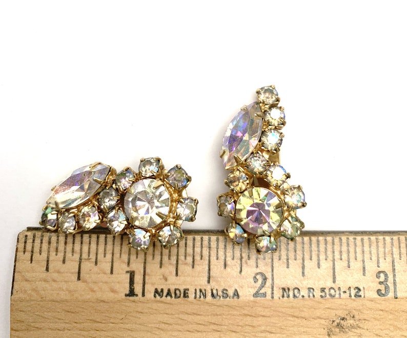 Rhinestone Climbing earrings gold plated metal Mid century Flower clear Aurora borealis crystal clip on earrings image 3