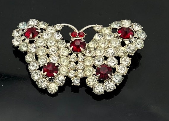 Butterfly rhinestone brooch  clear red crystal go… - image 1