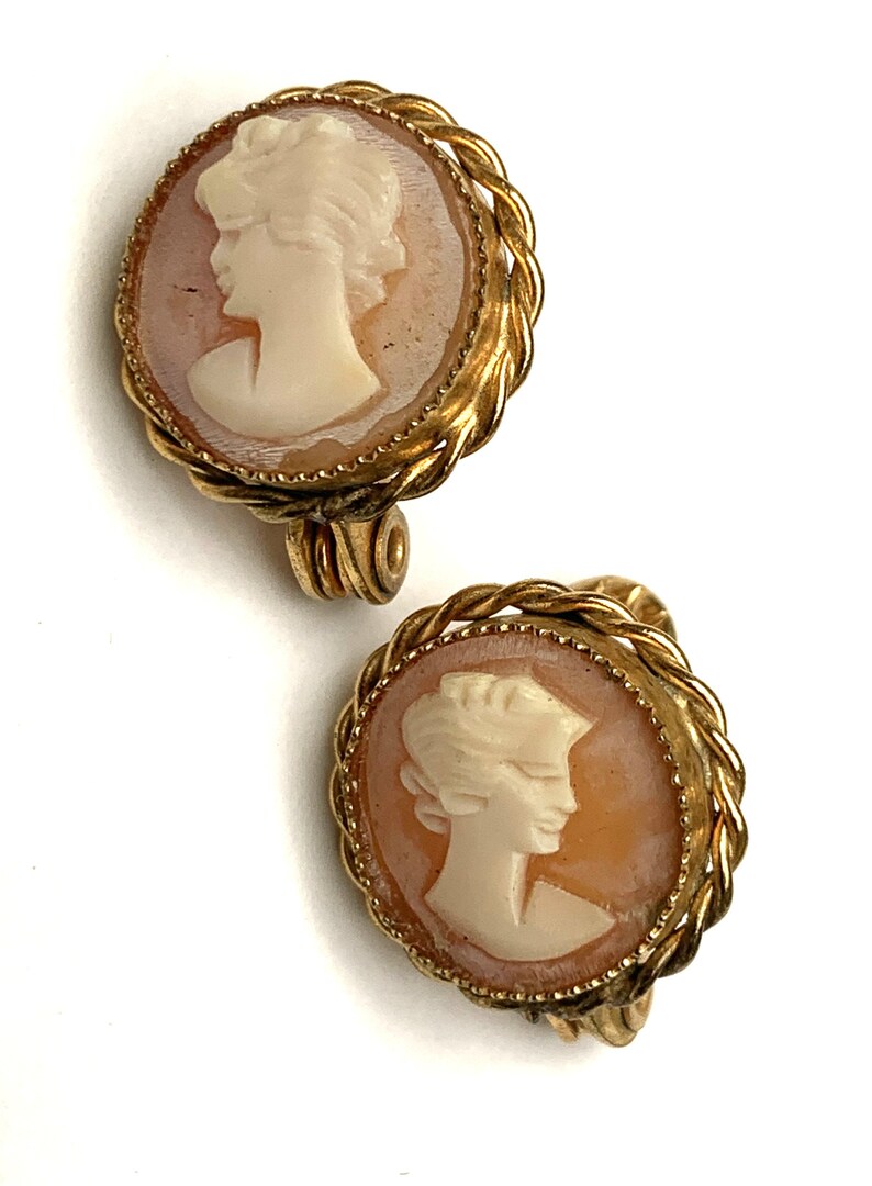 Cameo Earrings carved shell gold plated signed Lewis Segal Pierced earrings with clips