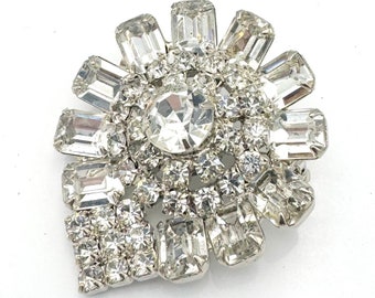 Rhinestone  Brooch   Clear Crystal  silver metal mid century  domed  Floral  Pin