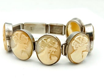 Shell Cameo Link Bracelet sterling silver hand carved chunky silver  Victorian revival bracelet