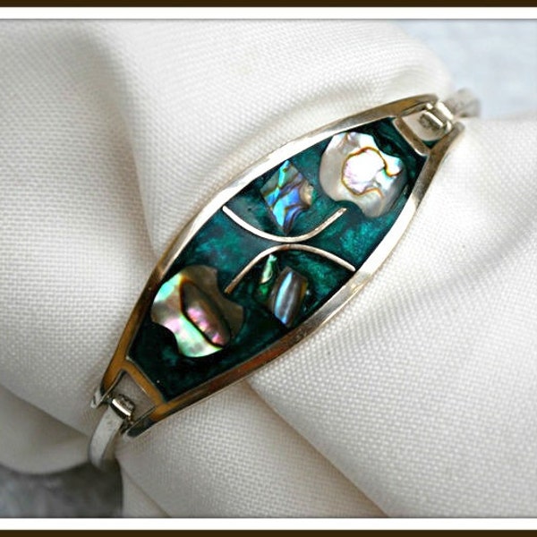 Vintage Taxco Mexico Abalone Silver inlay Hinged Bracelet