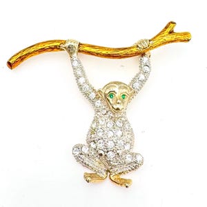 アクセサリー Monkey Monkey Brooch Gclear Rhinestone Green Eyes Yellow Gold Figurine