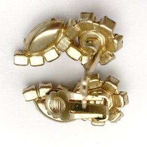 Rhinestone Climbing earrings gold plated metal Mid century Flower clear Aurora borealis crystal clip on earrings image 7