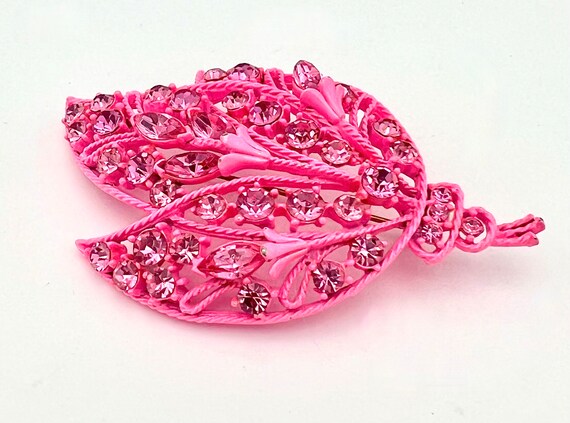 pink floral leaf Brooch   bright Pink  enameling … - image 2