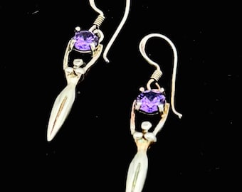 Sterling Women Amethyst  Earrings  purple  gemstone  lady figurine earrings