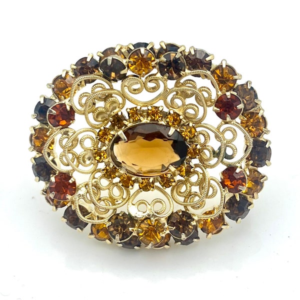 rhinestone brooch  Yellow orange Crystal gold setting  flower  Floral atomic  Pin