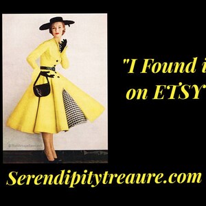May include: A woman wearing a yellow and black dress with a black hat and gloves. The text "I Found it on ETSY" is on the image. The website "serendipitytreasure.com" is also on the image.