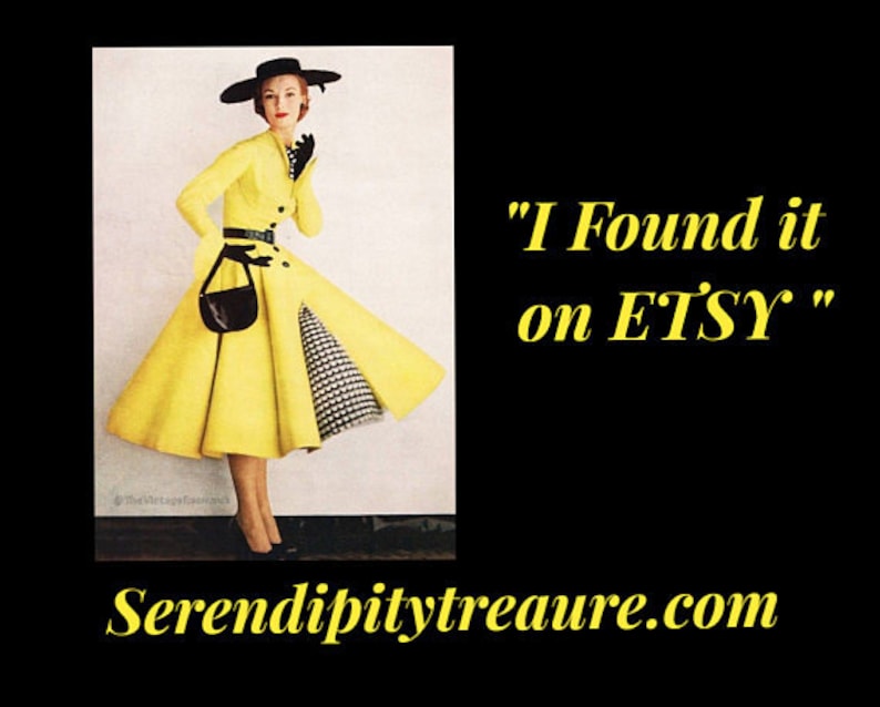 May include: A woman wearing a yellow and black dress with a black hat and gloves. The text "I Found it on ETSY" is on the image. The website "serendipitytreasure.com" is also on the image.