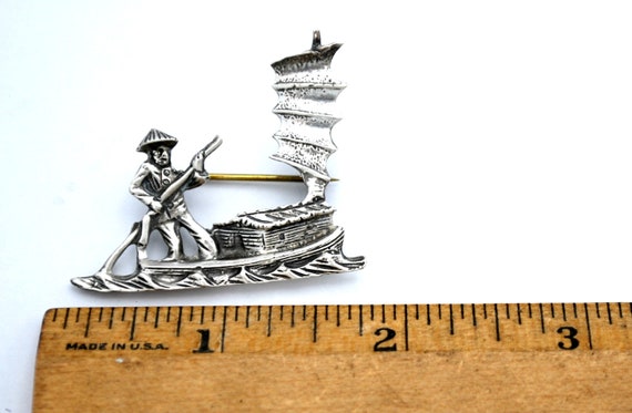 Sterling Silver  Asian boat Brooch  chinese orien… - image 3