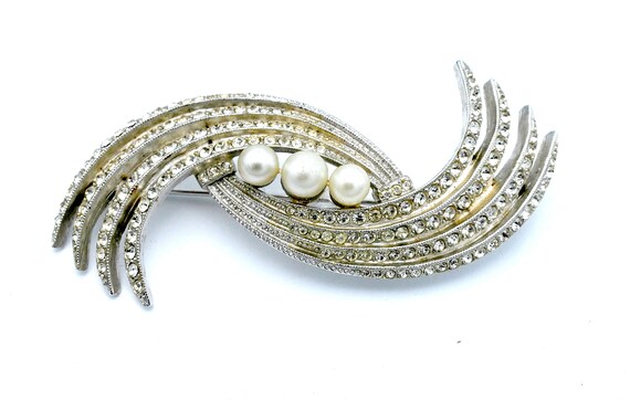 Pearl rhinestone Bar  Brooch 1940 signed ORA swir… - image 3