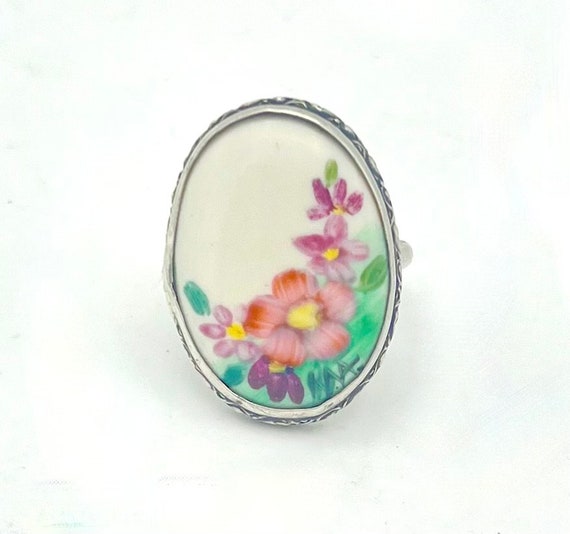 Sterling Silver flower  ring painted floral flowe… - image 3