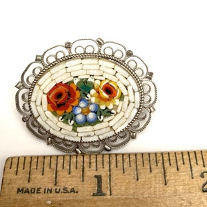 Micro Mosaic Flower Brooch Oval white red yellow green small glass mosaic brass floral vintage pin image 6