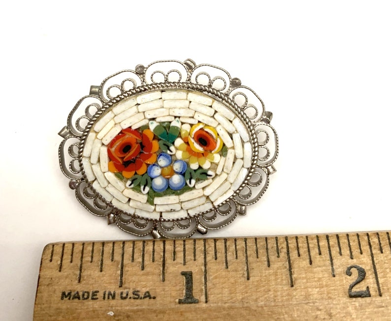 Micro Mosaic Flower Brooch Oval white red yellow green small glass mosaic brass floral vintage pin image 6