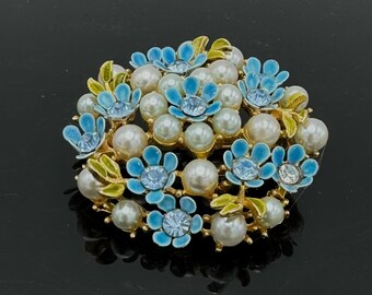 Blue Rhinestone Flower  Brooch  white pearl enamel domed Floral  pin