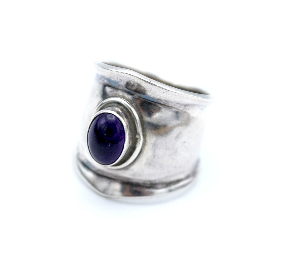 •AMETHYST - GRADUAL• detailed tapered band silver ring (size 7)